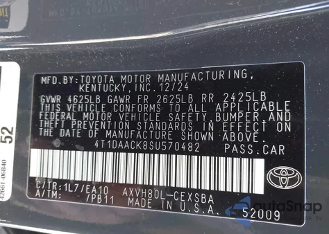 2025 Toyota Camry Se from USA, damaged, VIN 4T1DAACK8SU570482